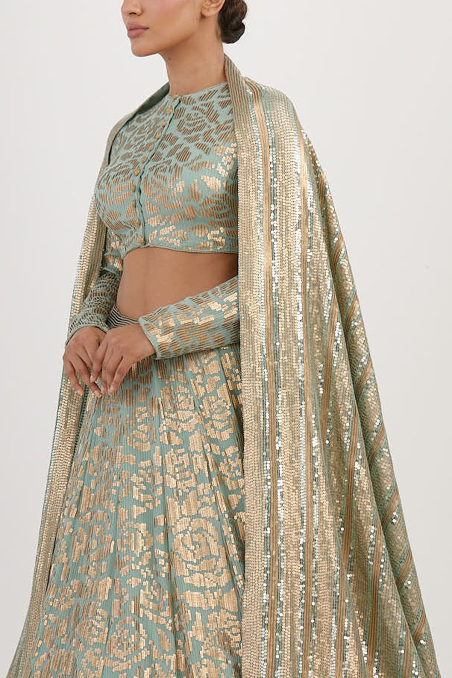 Lehenga Set in Signature Rose Pattern Gold Sequin Embroidery