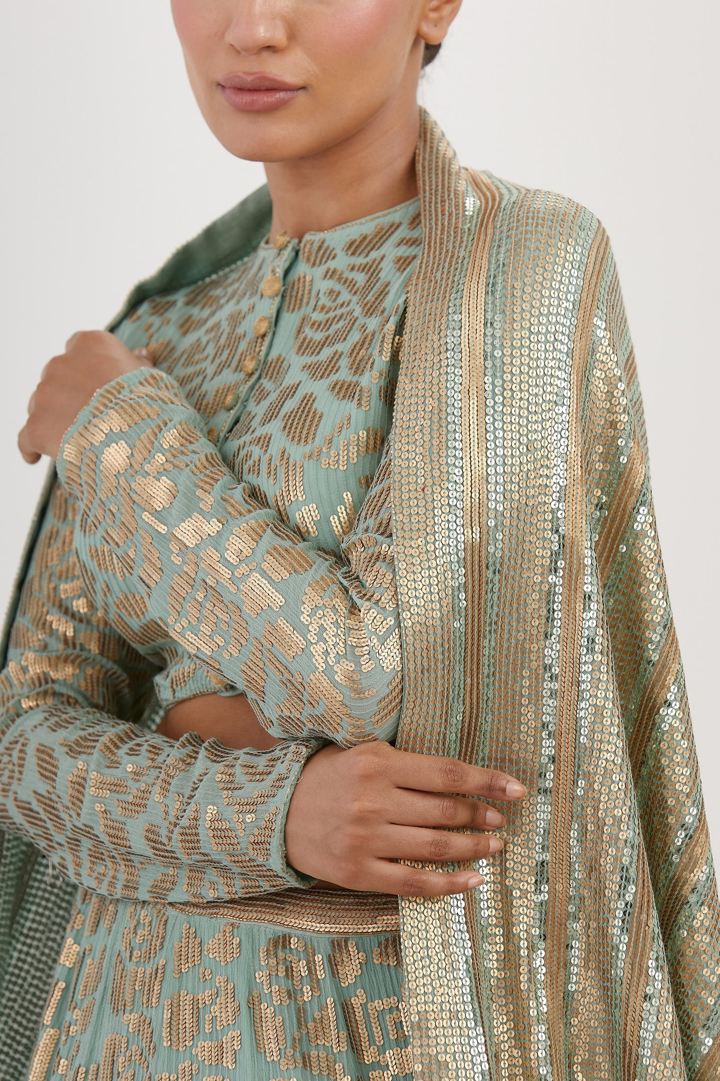 Lehenga Set in Signature Rose Pattern Gold Sequin Embroidery
