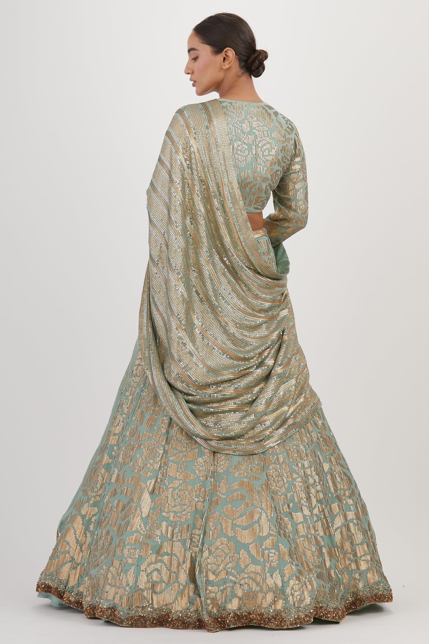 Lehenga Set in Signature Rose Pattern Gold Sequin Embroidery