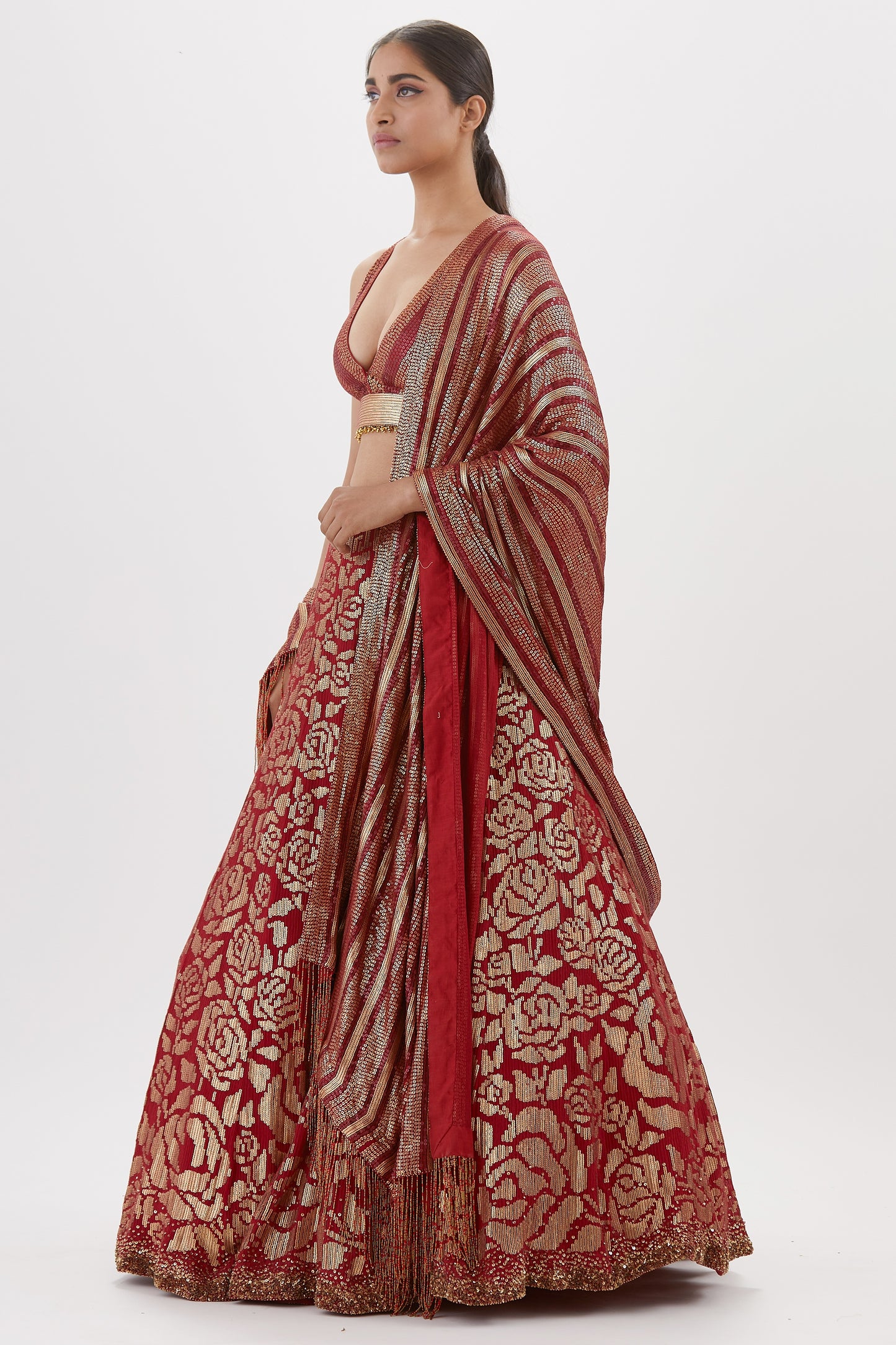 Lehenga Set in Signature Rose Pattern Gold Sequin Embroidery