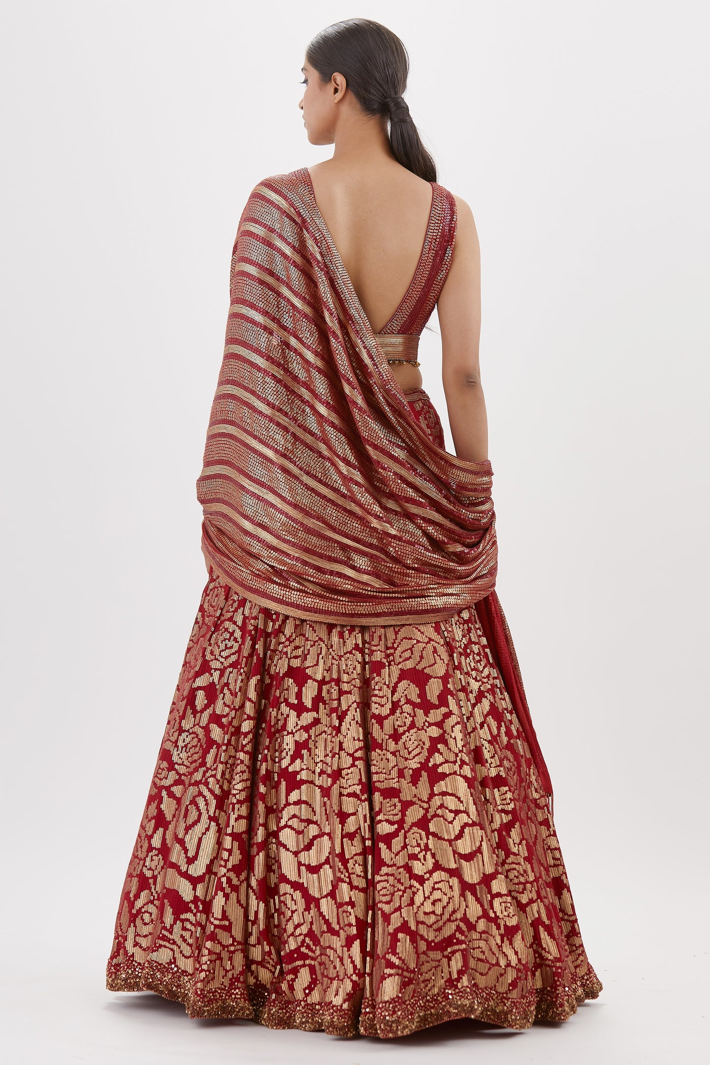 Lehenga Set in Signature Rose Pattern Gold Sequin Embroidery