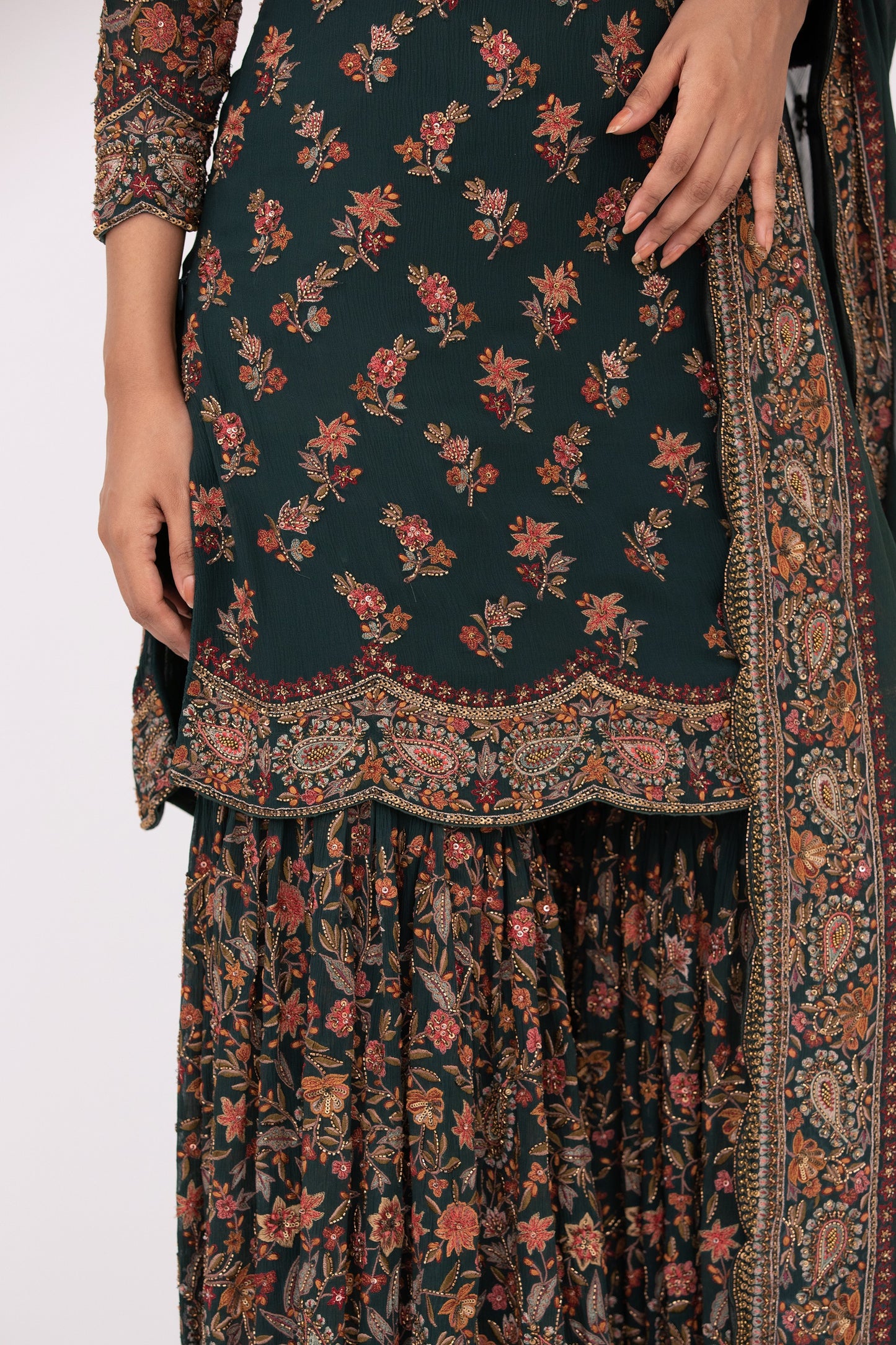 Gharara Set in Paisley Floral Thread embroidery