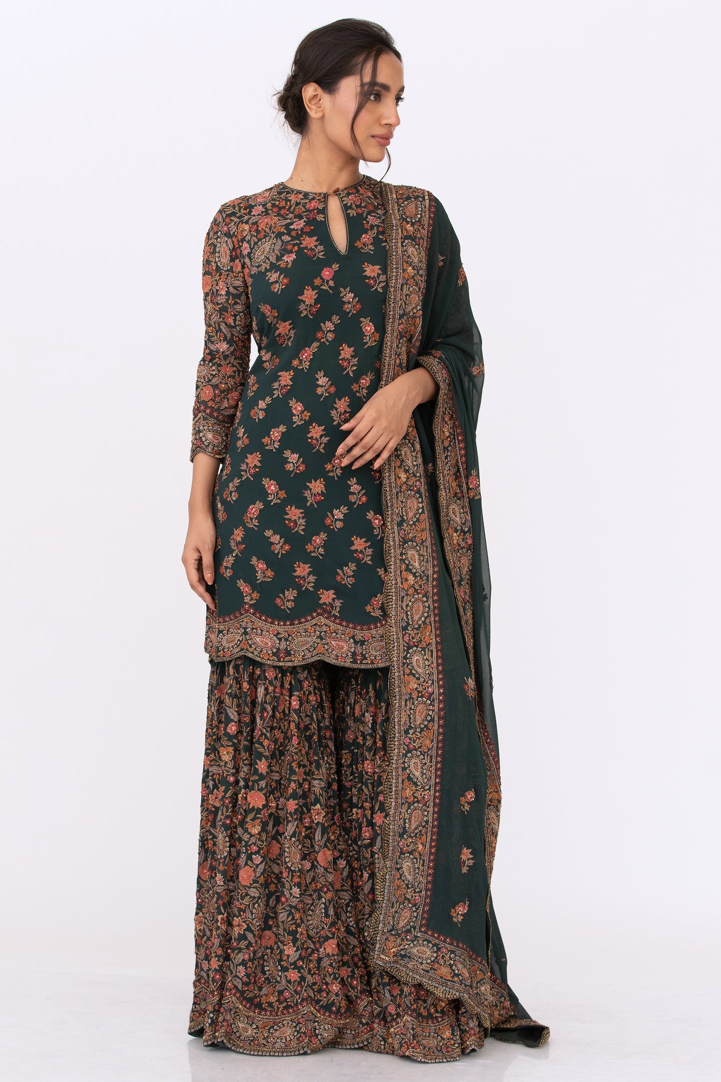Gharara Set in Paisley Floral Thread embroidery