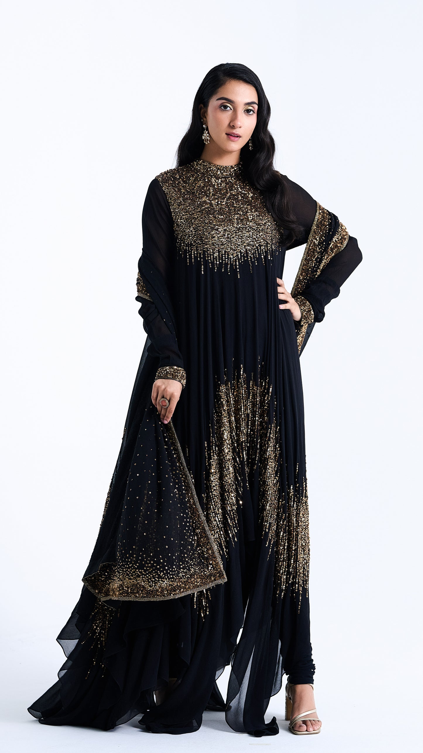 Asymmetric Kurta Set in Line Sequin Embroidery