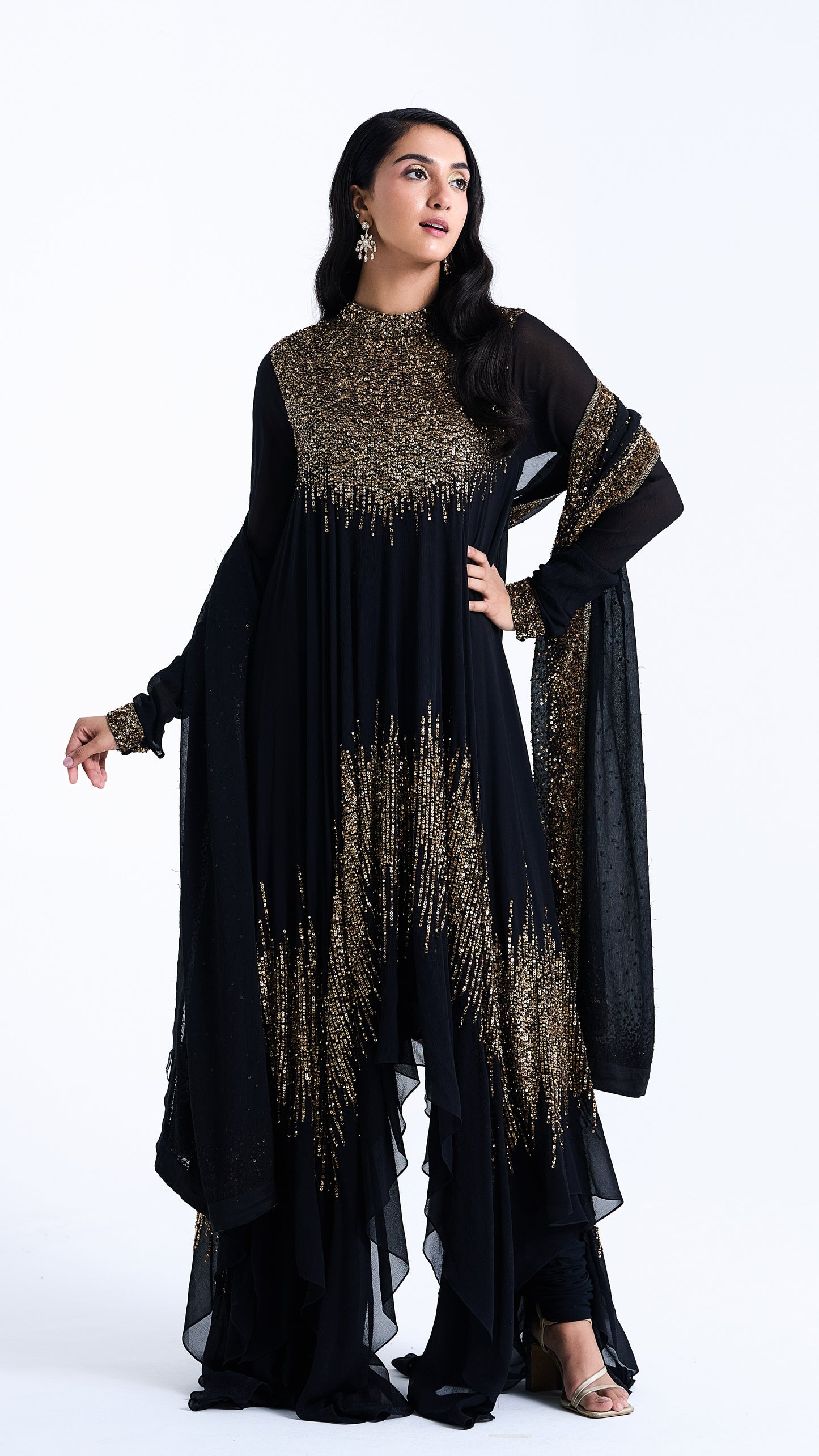 Asymmetric Kurta Set in Line Sequin Embroidery