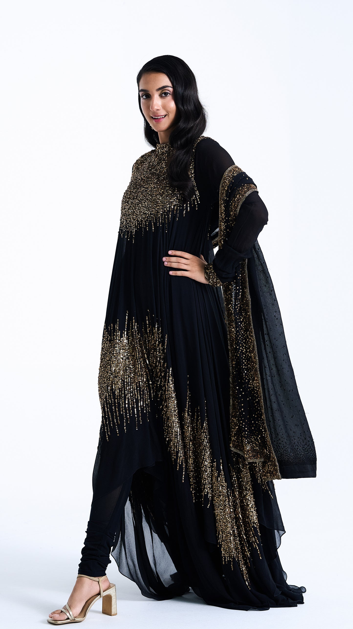 Asymmetric Kurta Set in Line Sequin Embroidery