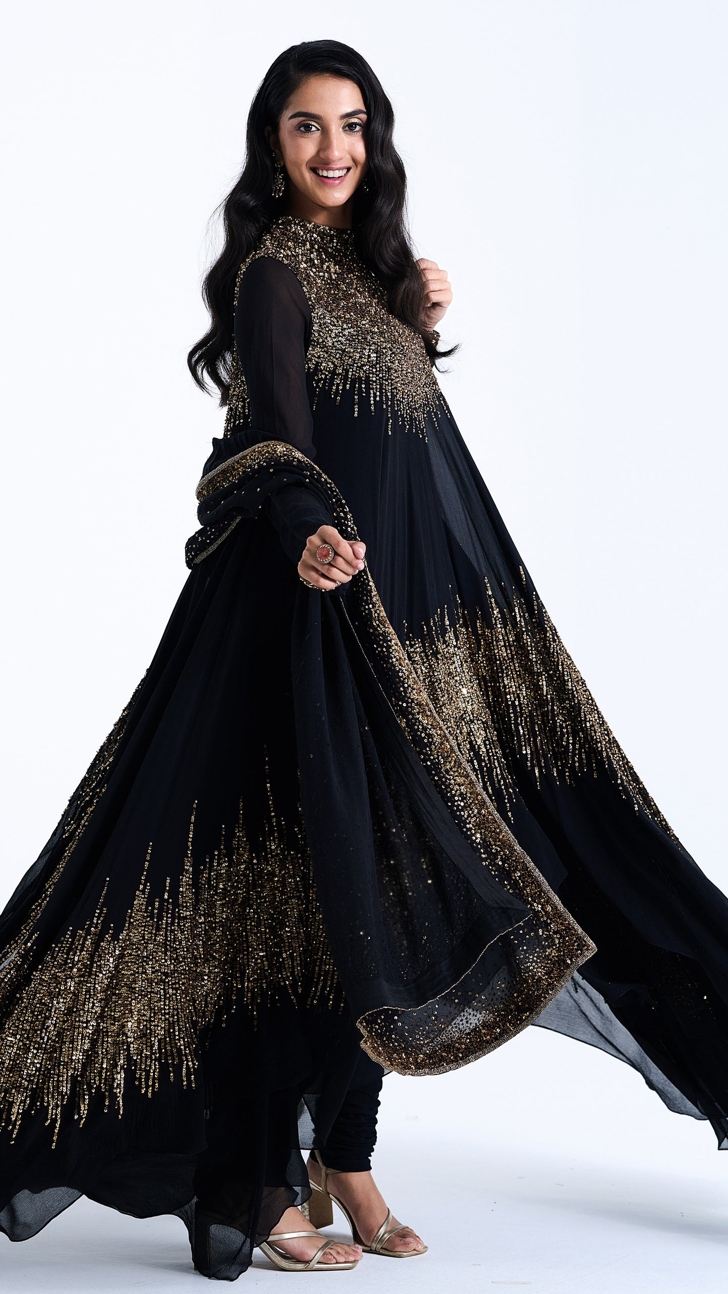 Asymmetric Kurta Set in Line Sequin Embroidery