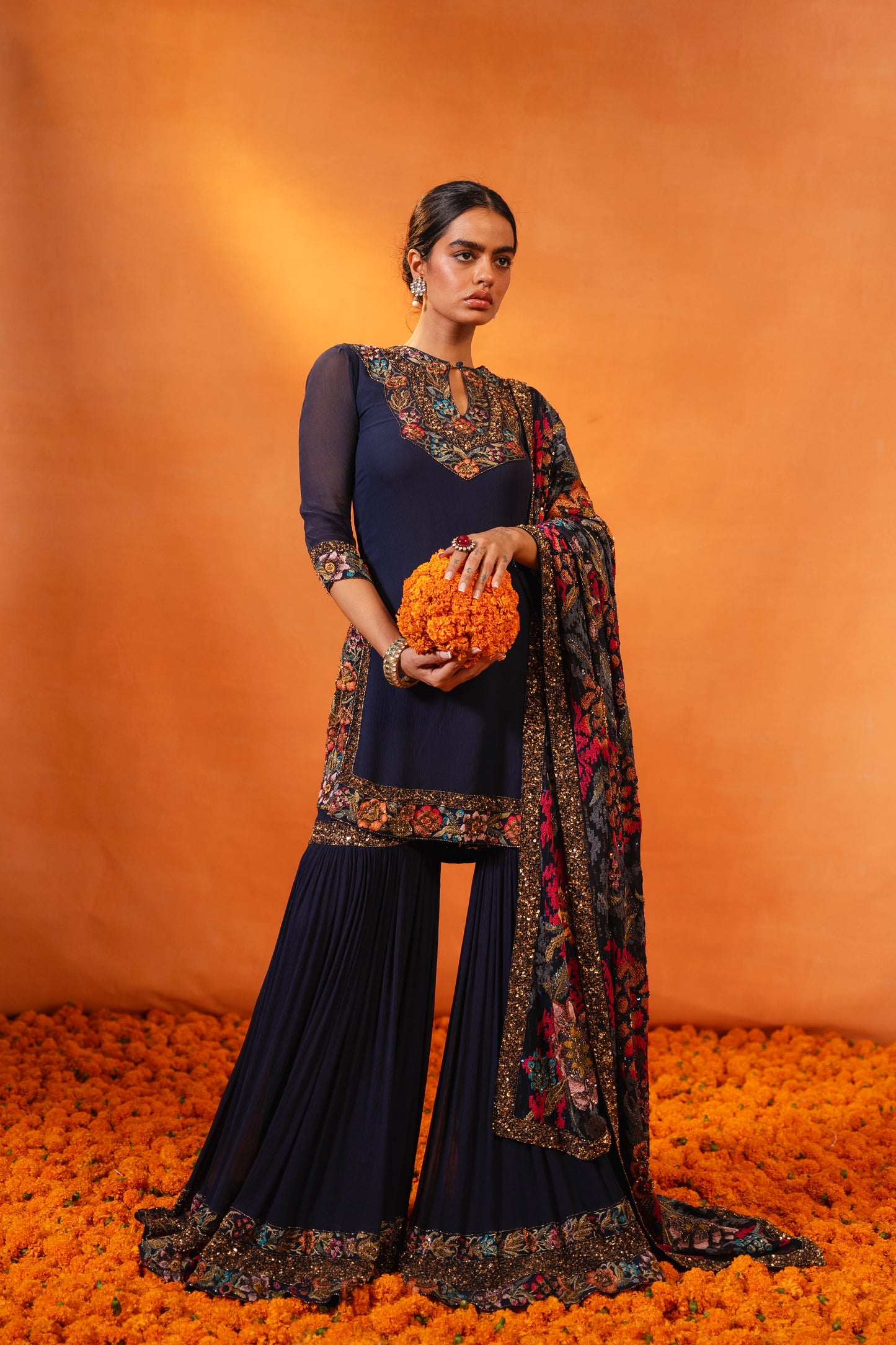 Gharara Set in Ikkat Floral Thread Embroidery