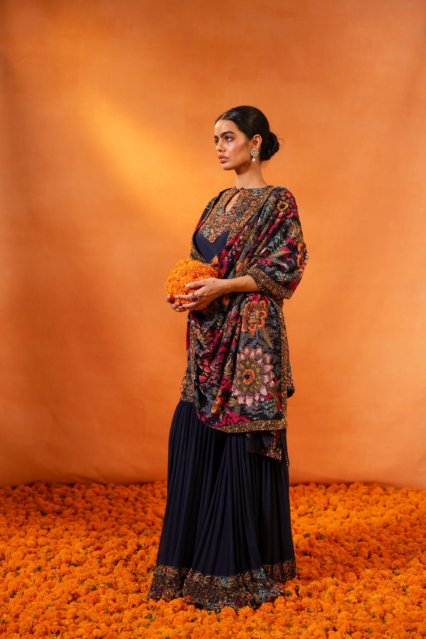 Gharara Set in Ikkat Floral Thread Embroidery