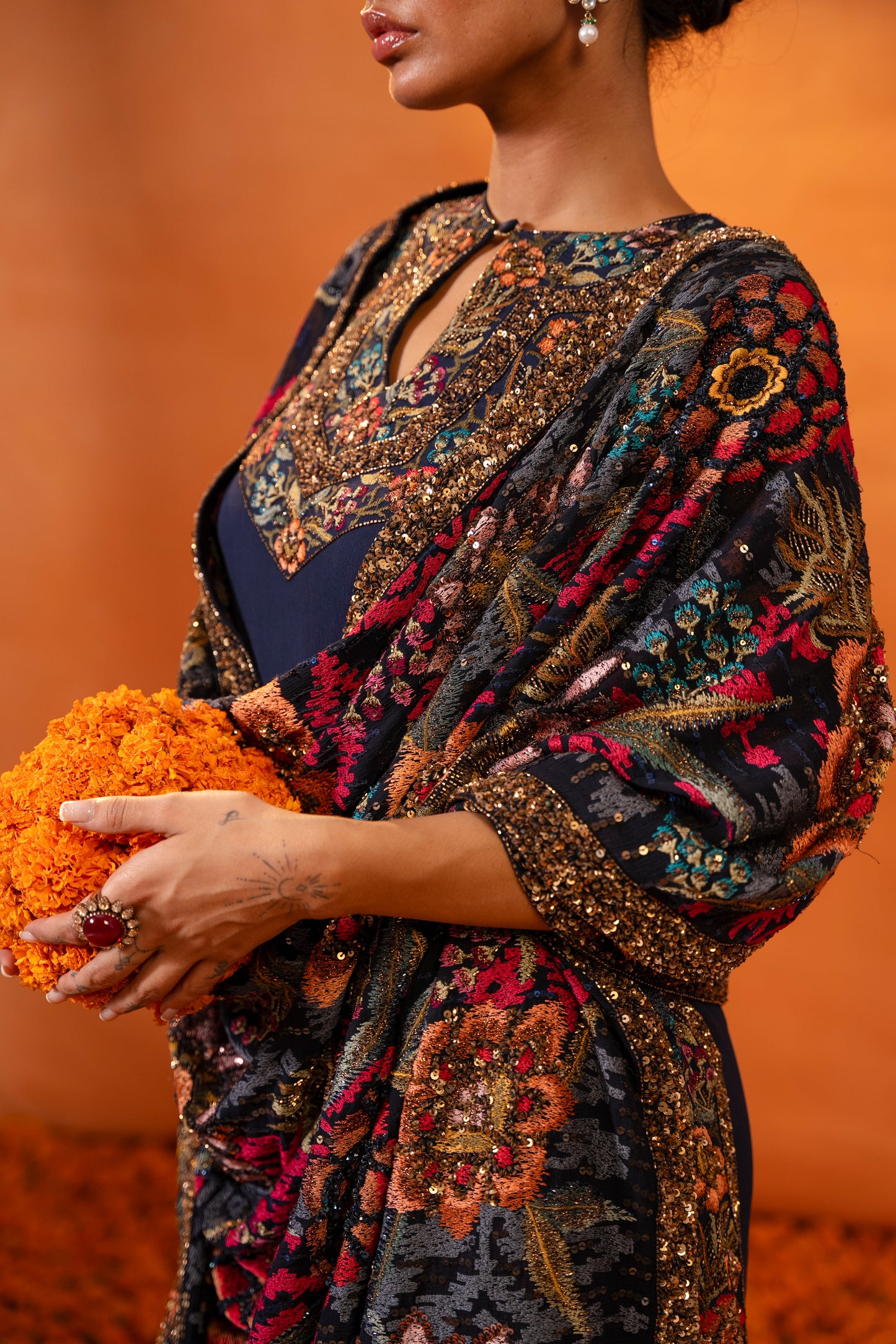 Gharara Set in Ikkat Floral Thread Embroidery