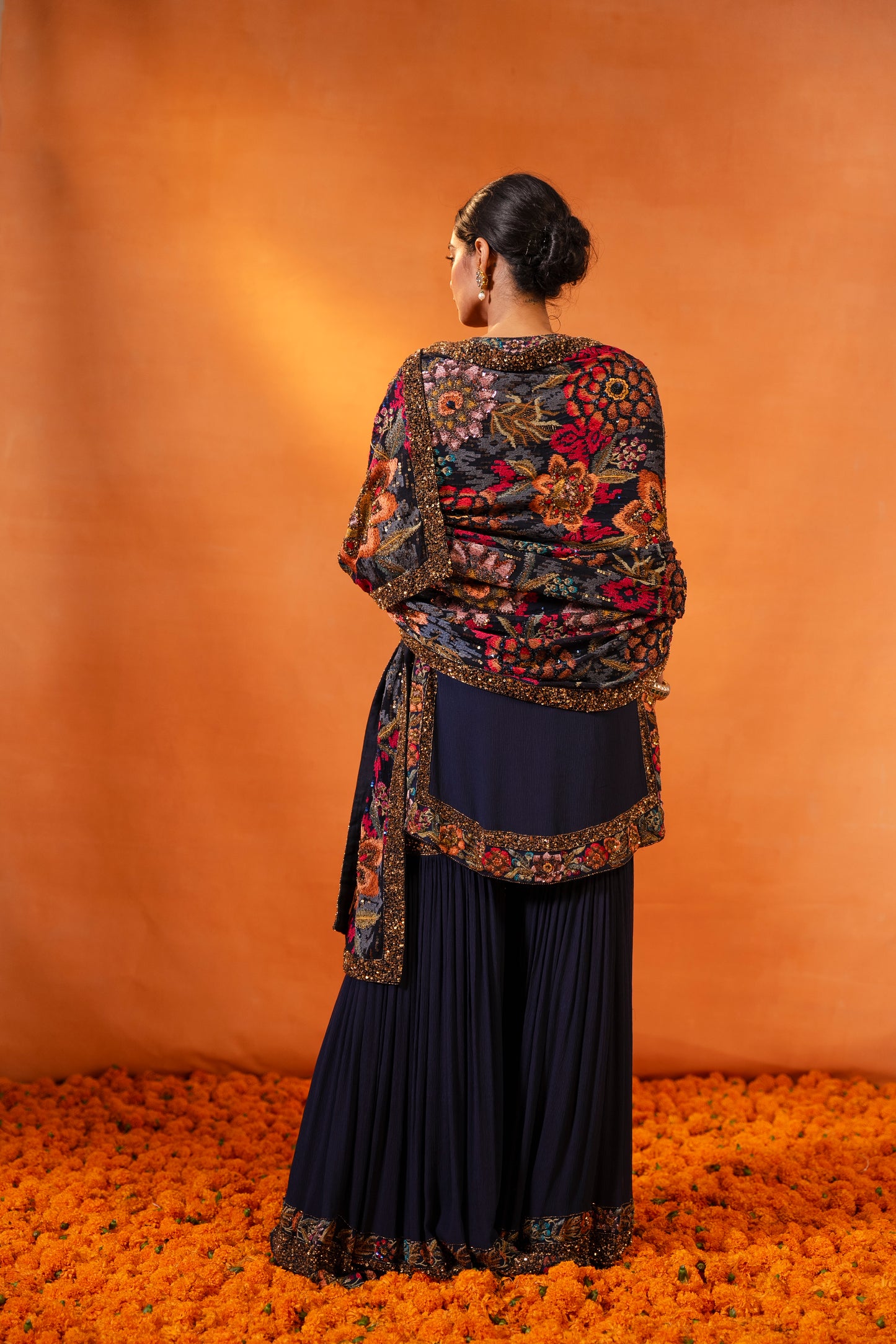 Gharara Set in Ikkat Floral Thread Embroidery