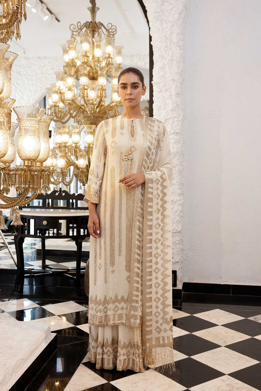 Kurta Set in Ikkat Sheeting gold & silver Sequin embroidery