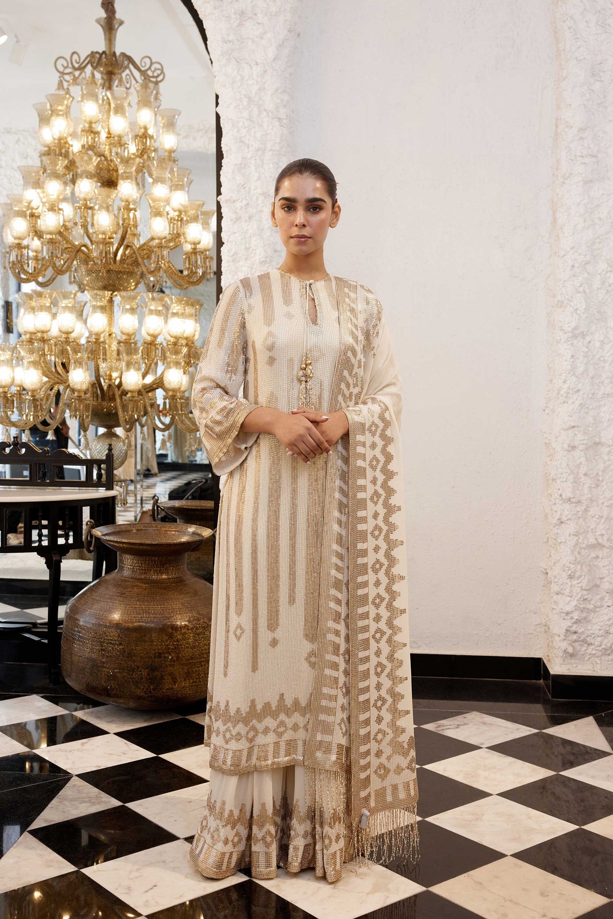 Kurta Set in Ikkat Sheeting gold & silver Sequin embroidery