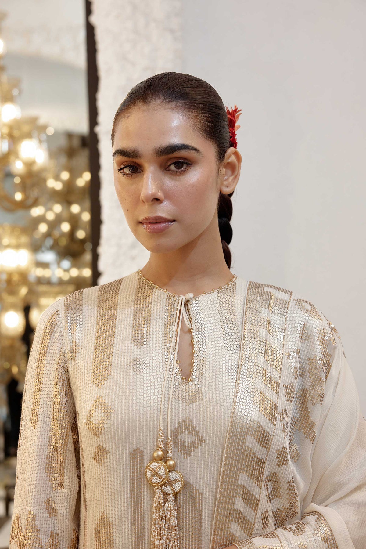 Kurta Set in Ikkat Sheeting gold & silver Sequin embroidery