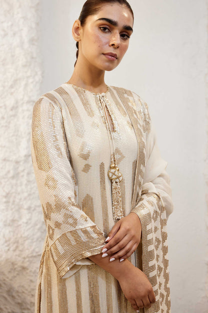 Kurta Set in Ikkat Sheeting gold & silver Sequin embroidery