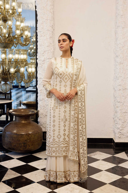 Kurta Set in Ikkat Sheeting gold & silver Sequin embroidery (Copy)
