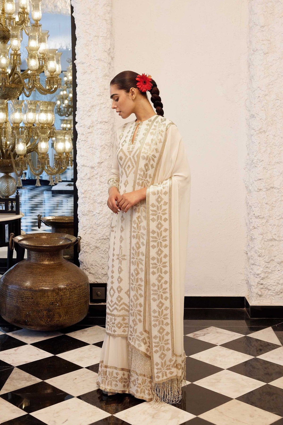 Kurta Set in Ikkat Sheeting gold & silver Sequin embroidery (Copy)