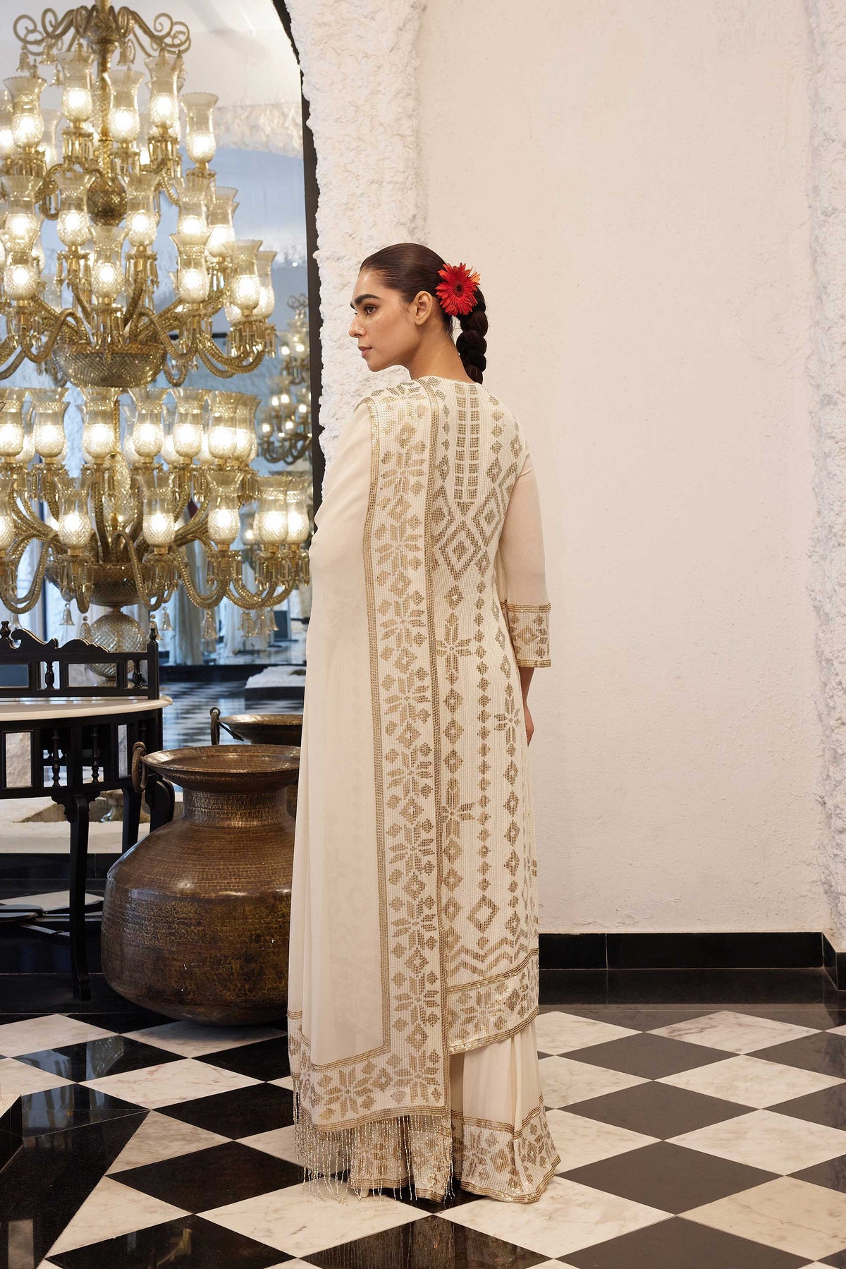 Kurta Set in Ikkat Sheeting gold & silver Sequin embroidery (Copy)