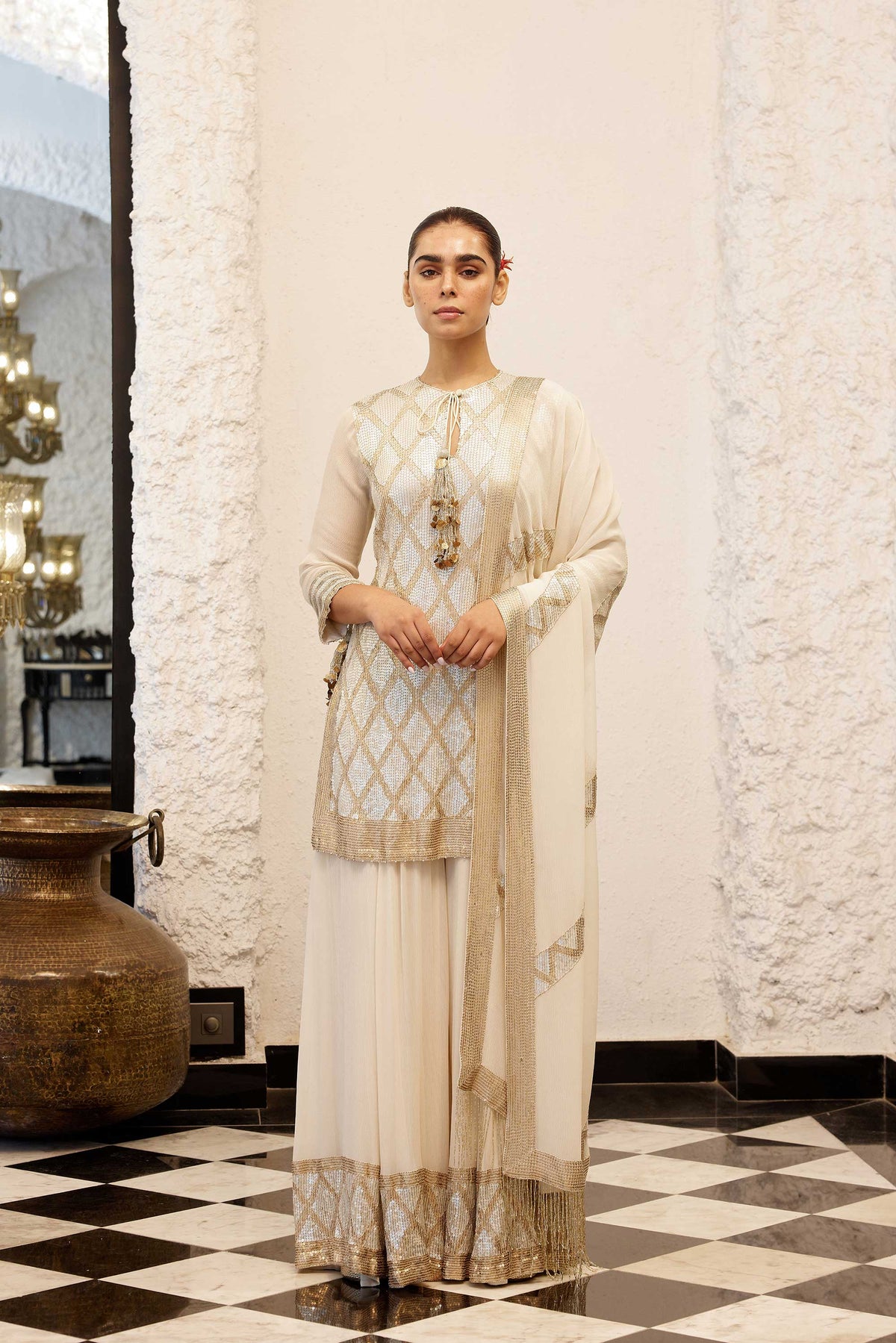 Sharara Set in a diamond pattern sheeted sequin embroidery