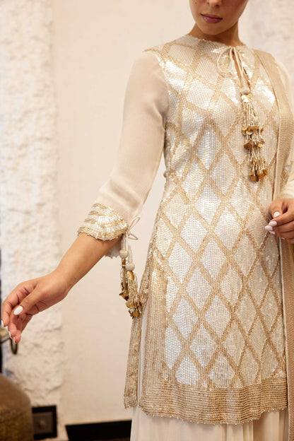 Sharara Set in a diamond pattern sheeted sequin embroidery