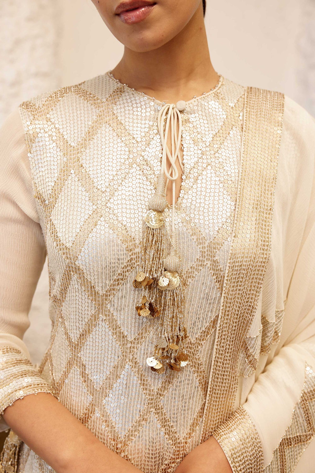 Sharara Set in a diamond pattern sheeted sequin embroidery