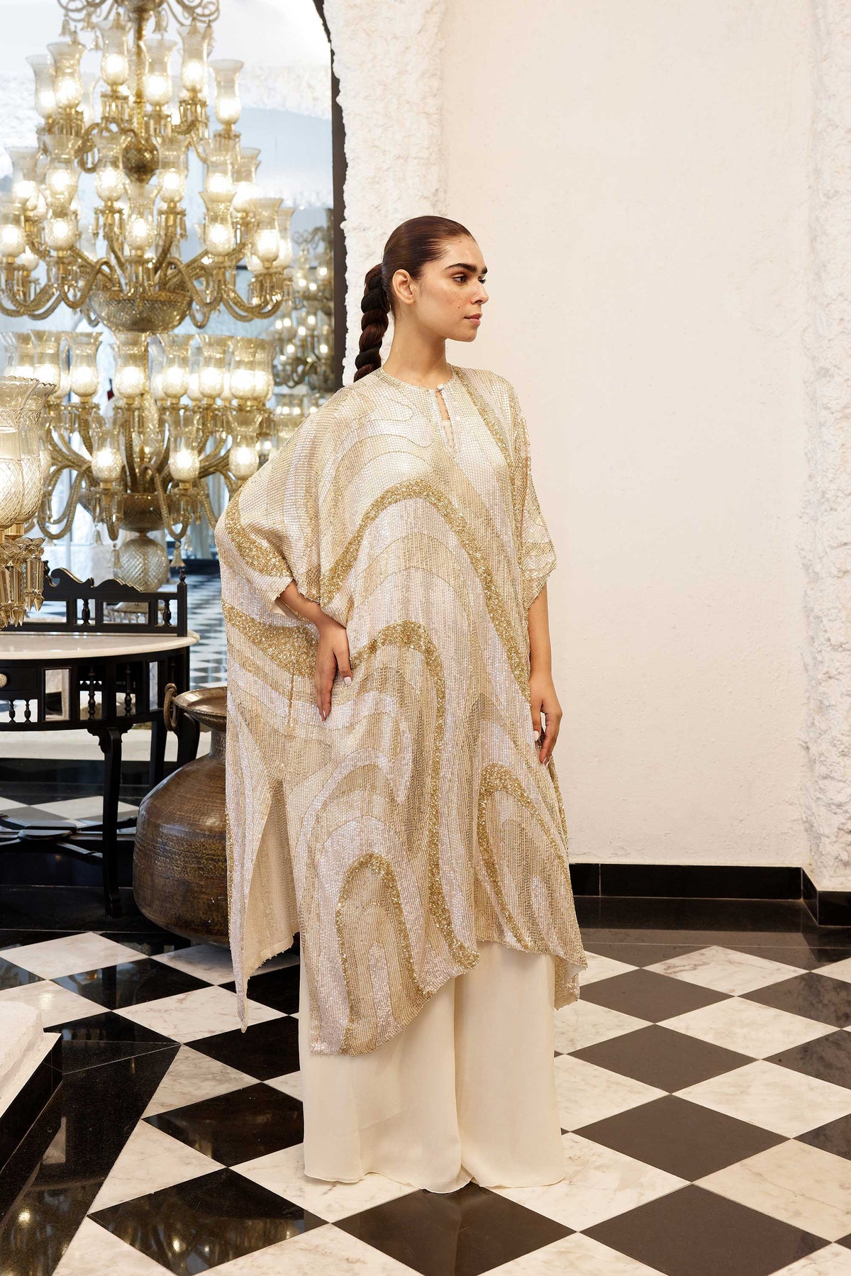 Kaftan Set in Wave design sheeted Sequin Embroidery