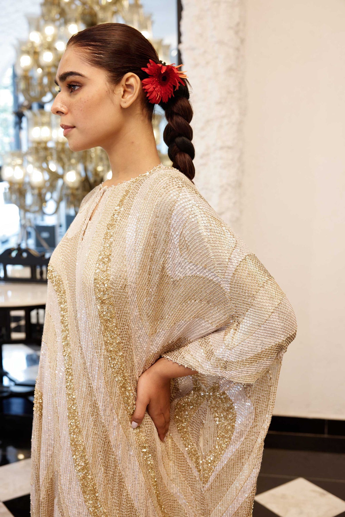 Kaftan Set in Wave design sheeted Sequin Embroidery