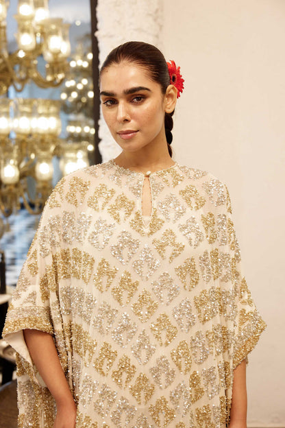 Kaftan Set in Booti Grid gold & silver Sequin Embroidery