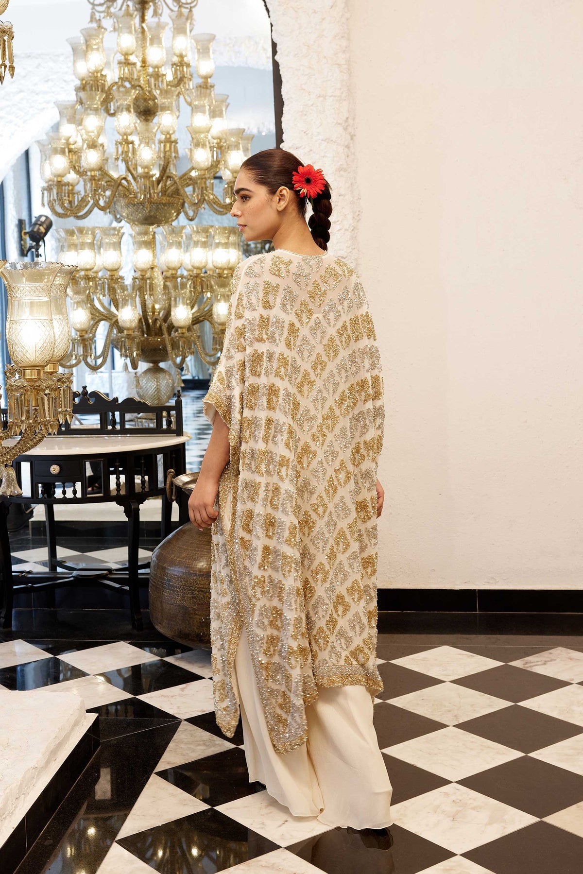 Kaftan Set in Booti Grid gold & silver Sequin Embroidery