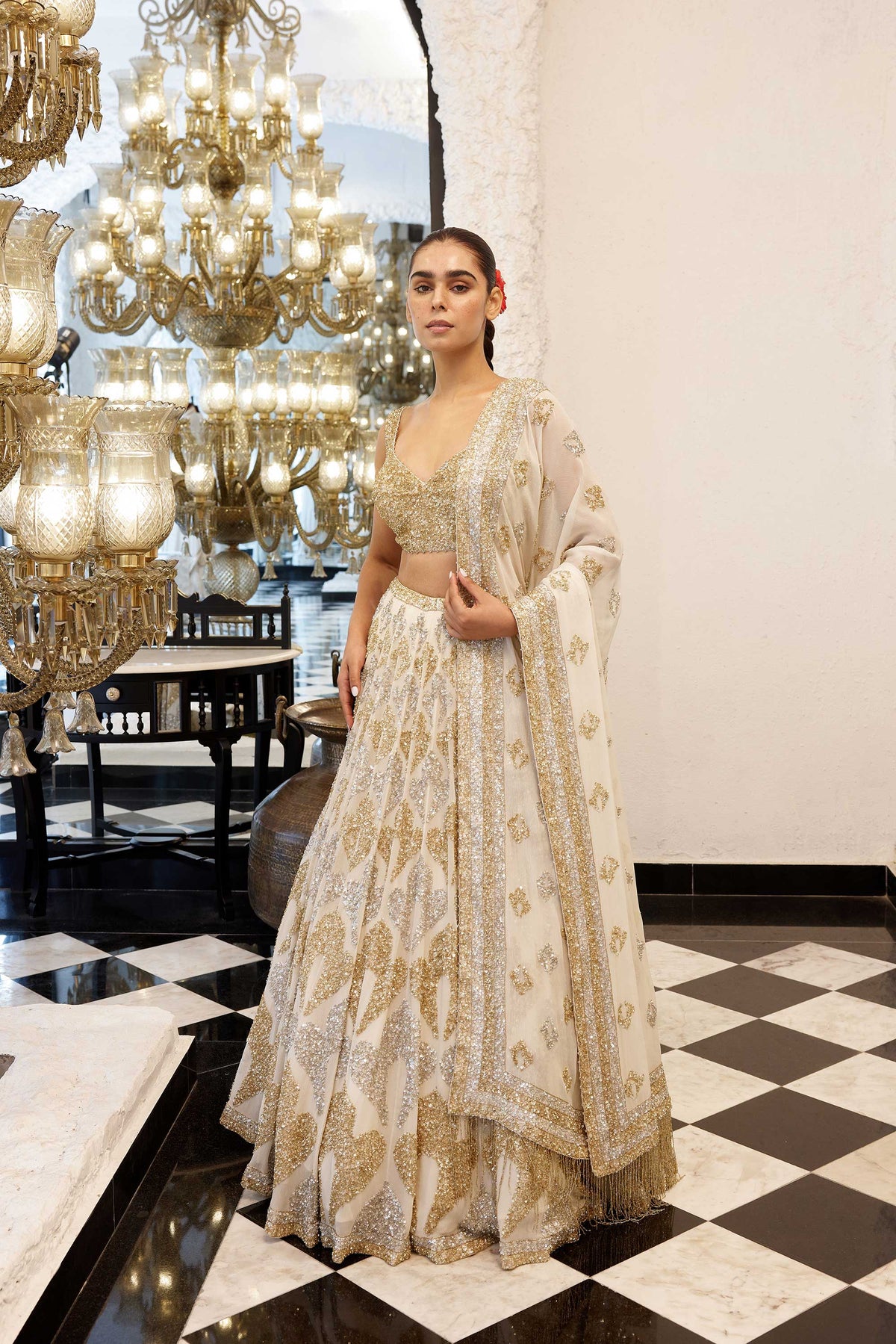 LEHENGA SET in grid motifs gold & silver sequin embroidery