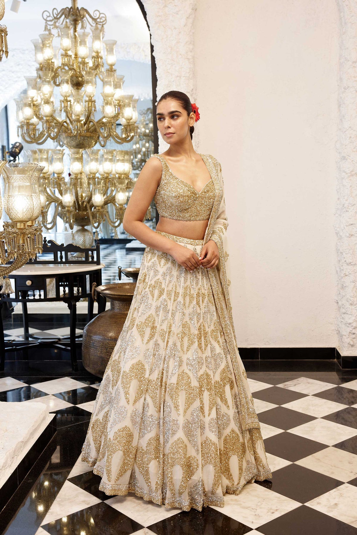 LEHENGA SET in grid motifs gold & silver sequin embroidery