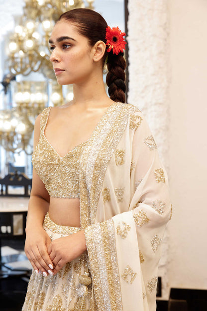 LEHENGA SET in grid motifs gold & silver sequin embroidery
