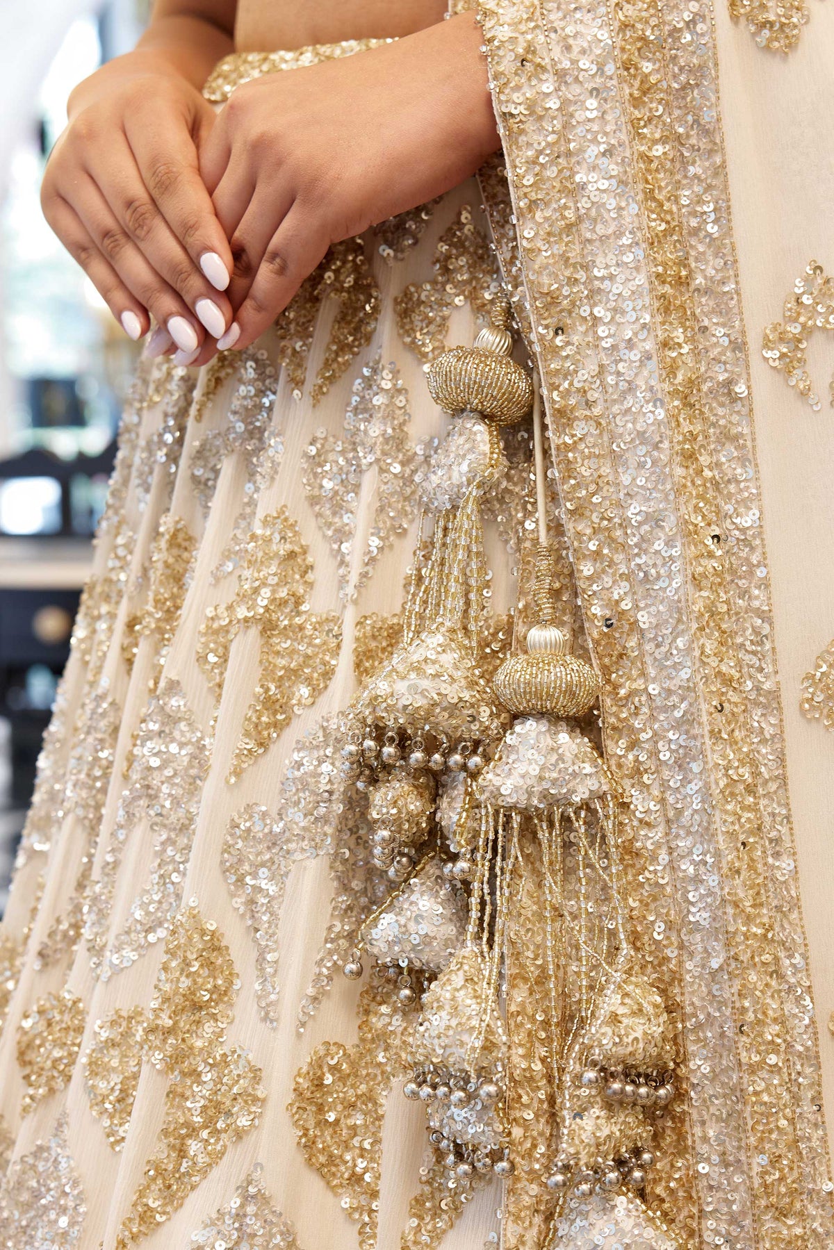 LEHENGA SET in grid motifs gold & silver sequin embroidery