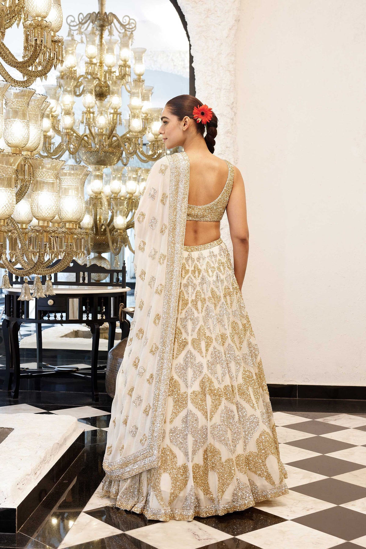 LEHENGA SET in grid motifs gold & silver sequin embroidery