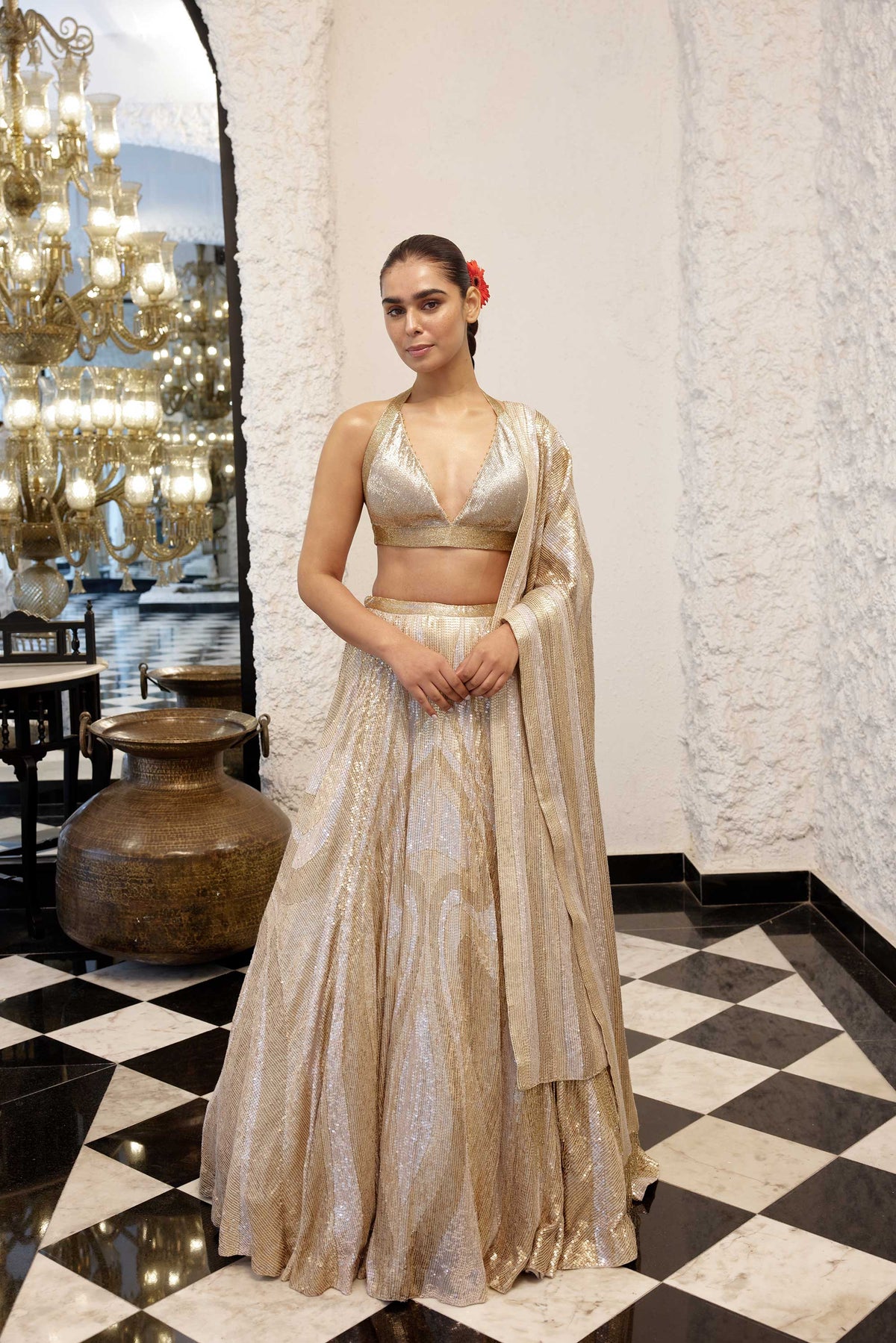 LEHENGA SET in vertical wave sheeted sequin embroidery