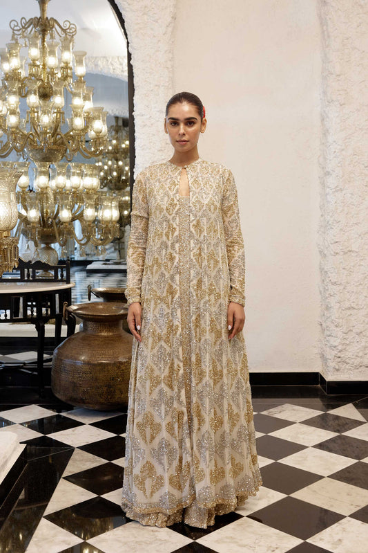 Jacket Set in Grid Booti silver & gold sequin embroidery