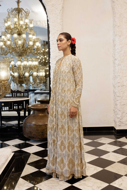 Jacket Set in Grid Booti silver & gold sequin embroidery