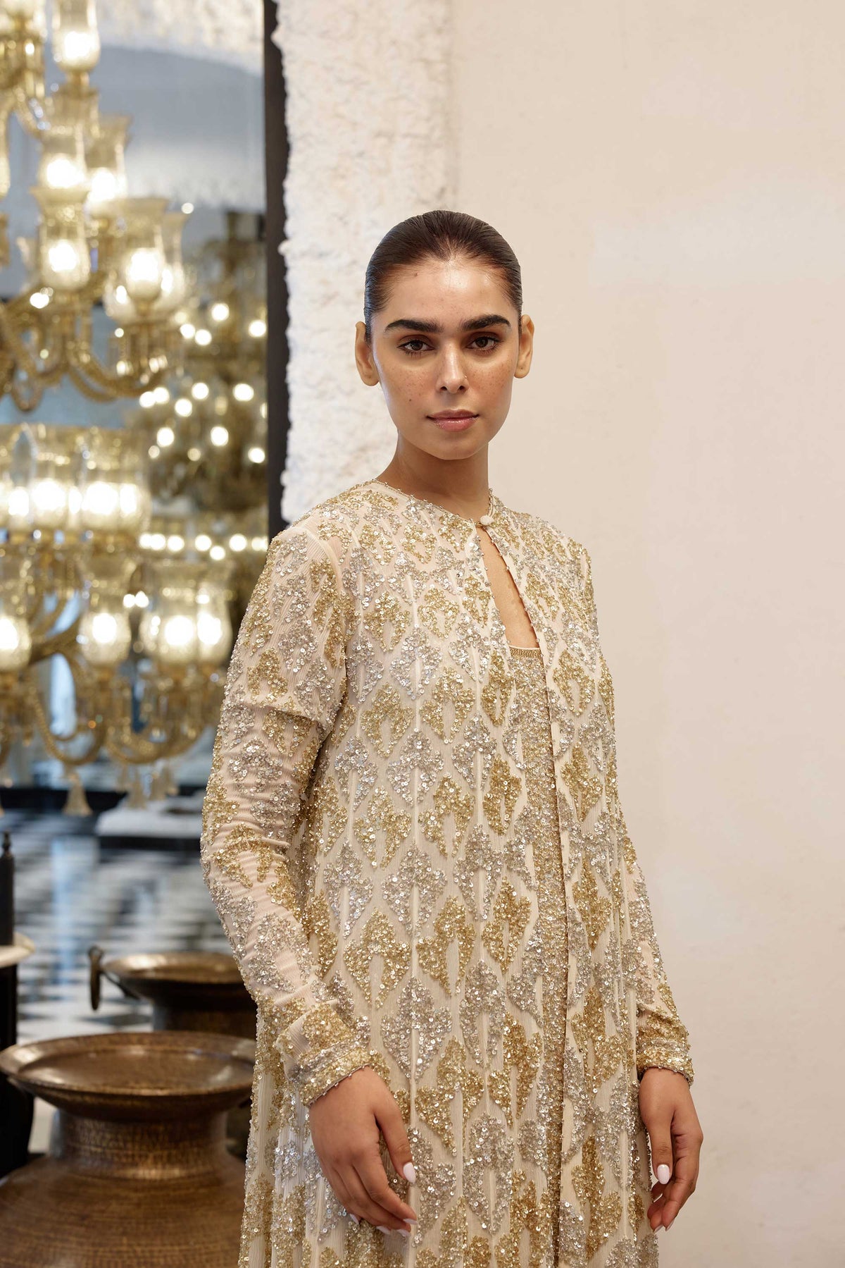 Jacket Set in Grid Booti silver & gold sequin embroidery