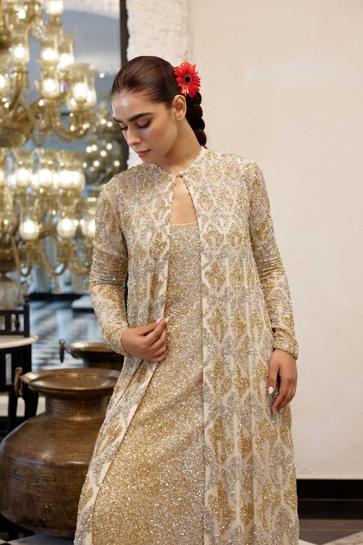 Jacket Set in Grid Booti silver & gold sequin embroidery