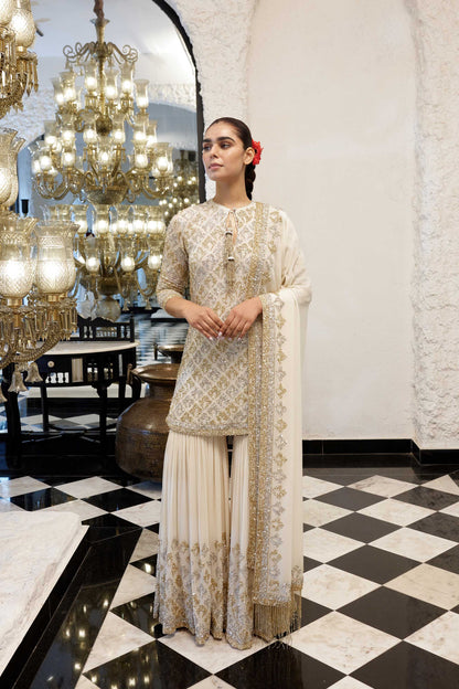 Gharara Set in Booti Grid design in gold & silver sequin embroidery