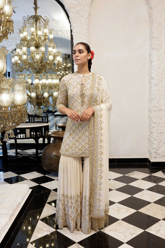 Gharara Set in Booti Grid design in gold & silver sequin embroidery