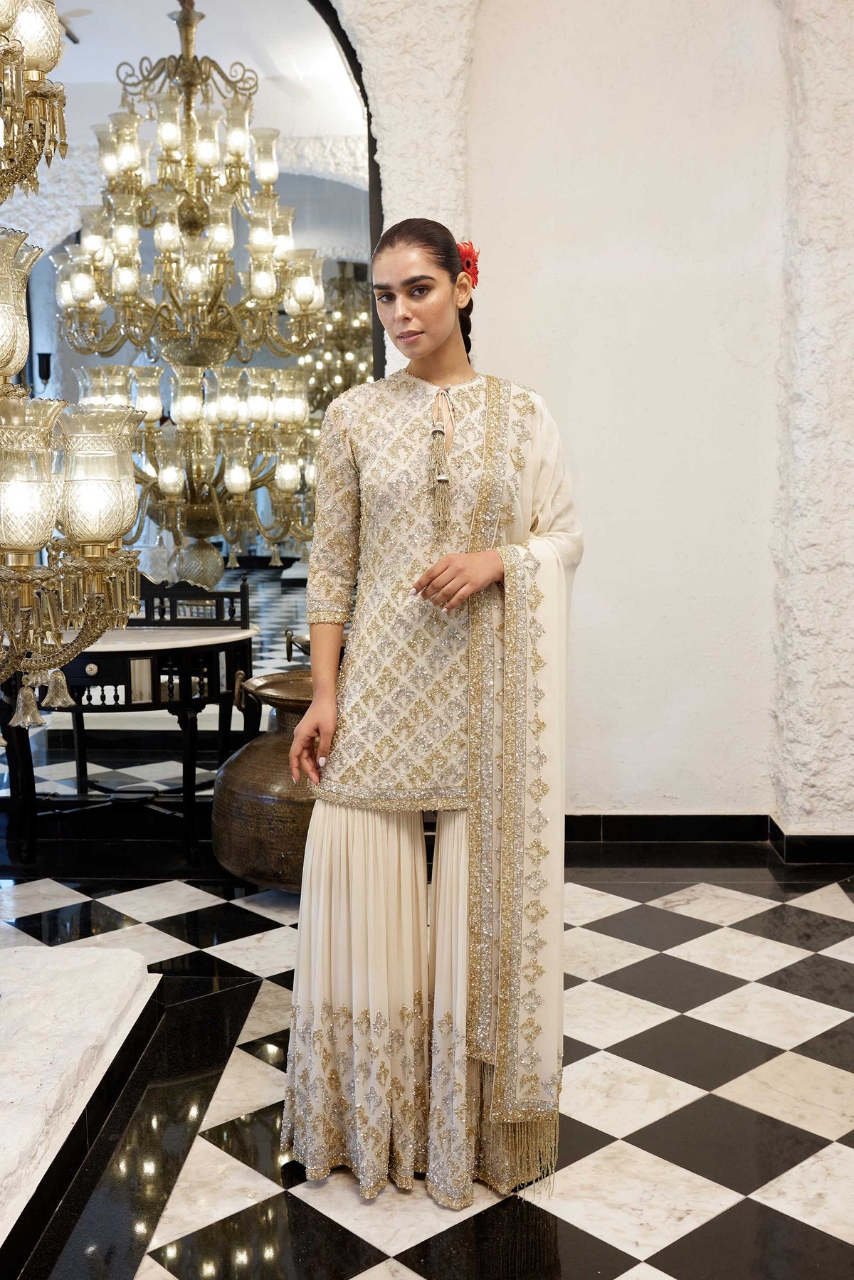 Gharara Set in Booti Grid design in gold & silver sequin embroidery
