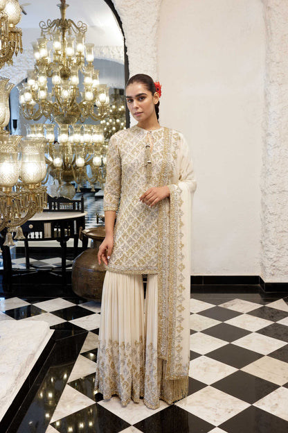 Gharara Set in Booti Grid design in gold & silver sequin embroidery