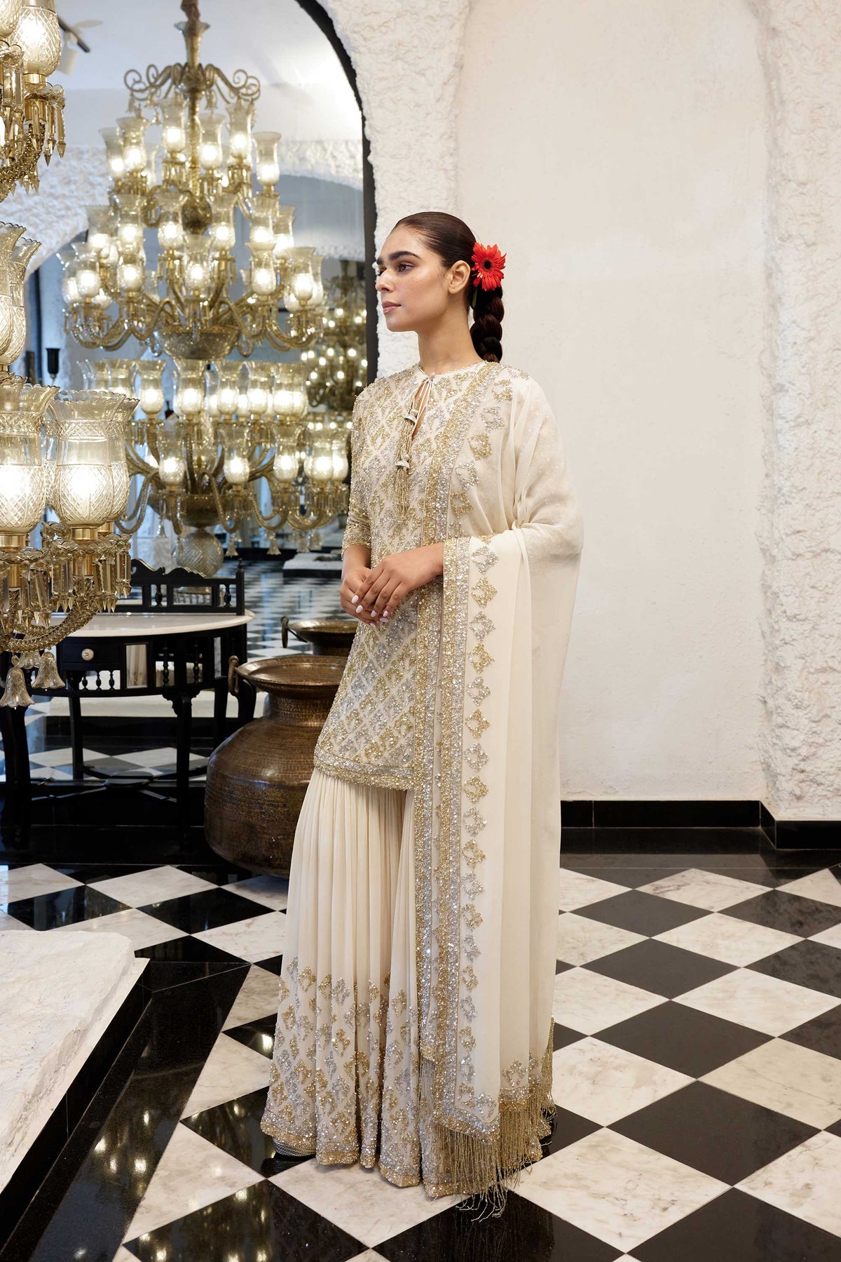 Gharara Set in Booti Grid design in gold & silver sequin embroidery
