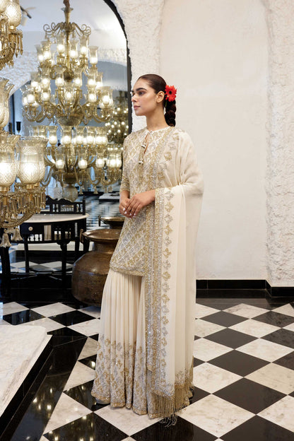 Gharara Set in Booti Grid design in gold & silver sequin embroidery