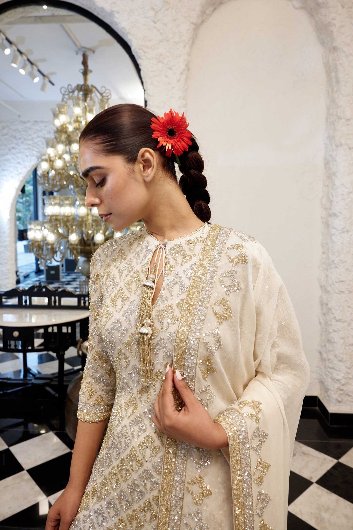 Gharara Set in Booti Grid design in gold & silver sequin embroidery