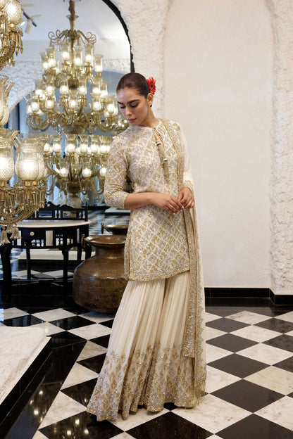 Gharara Set in Booti Grid design in gold & silver sequin embroidery