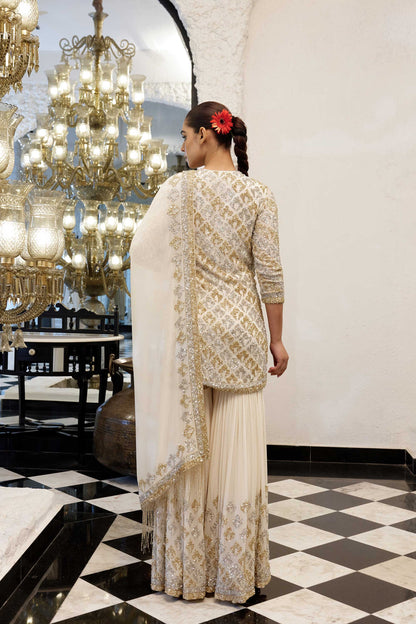 Gharara Set in Booti Grid design in gold & silver sequin embroidery