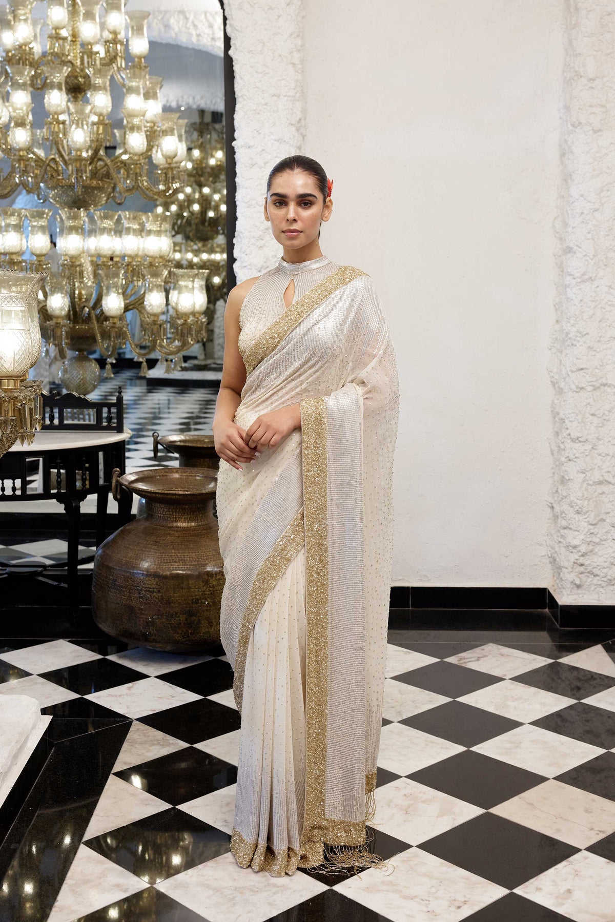 Sari Set in gold & silver Sequin Embroidery