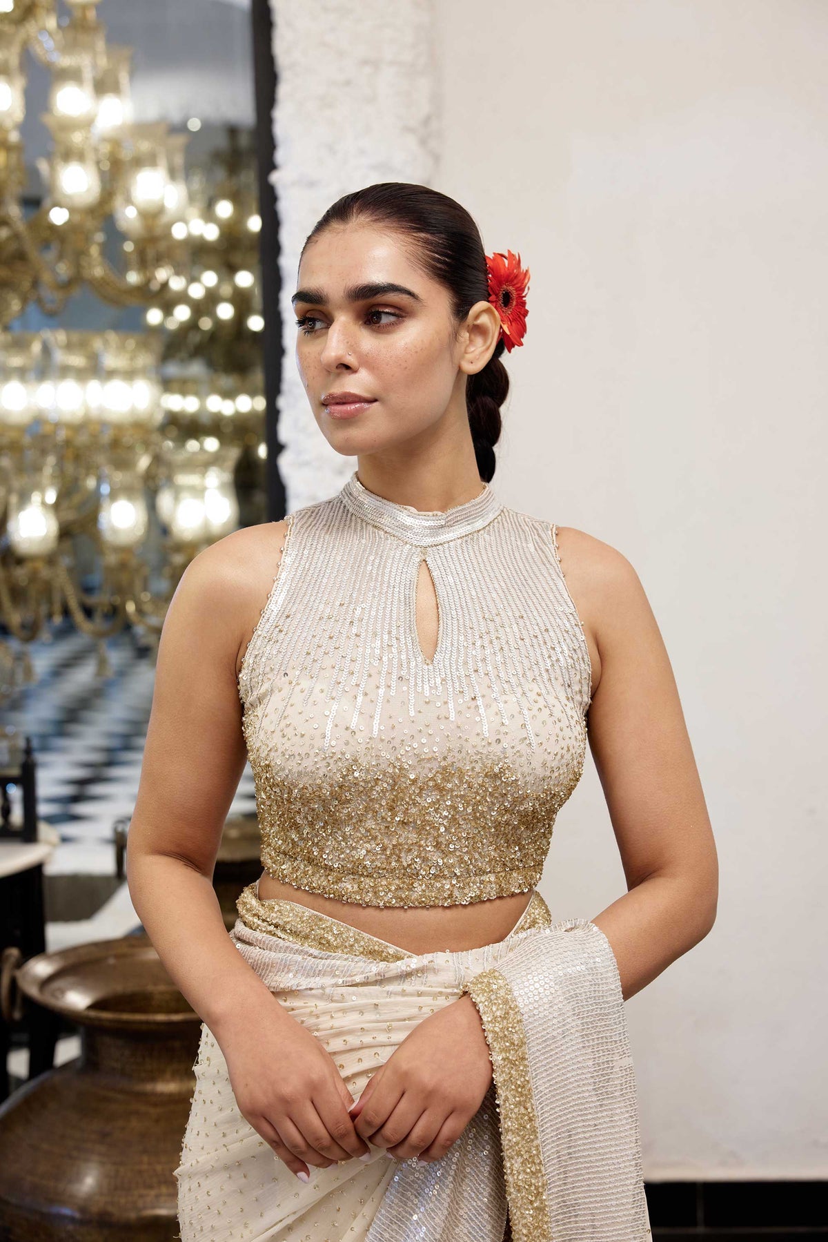 Sari Set in gold & silver Sequin Embroidery